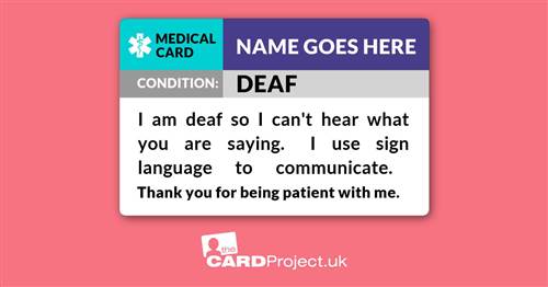 Deaf. Sign Language Awareness Medical ID Alert Card  (FRONT)