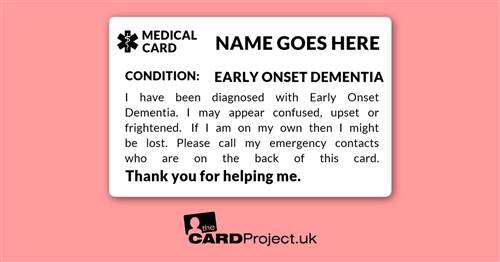 Early Onset Dementia Mono Medical ID Alert Card  (FRONT)