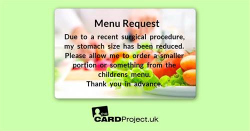 Bariatric Patient Special Menu Request Card