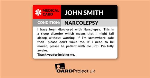 Narcolepsy Awareness Medical ID Alert Card, Sleep Disorder Cataplexy.  (FRONT)