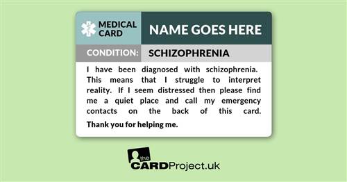 Schizophrenia Awareness Medical ID Alert Card, Mental Health Disorder Emergency Card  (FRONT)