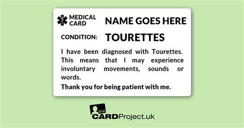 Tourettes Awareness Mono Medical ID Tic Alert Card  (FRONT)